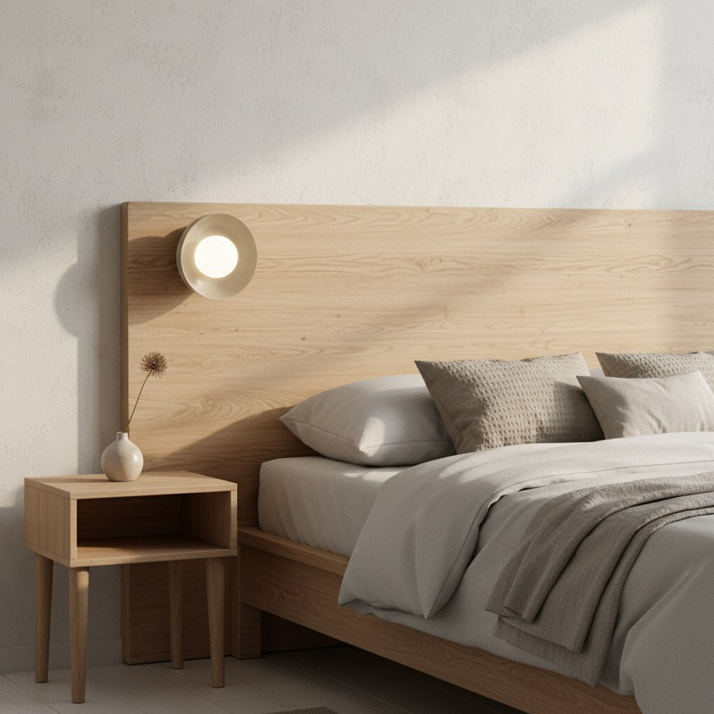 Mise en ambiance dans une chambre, applique fixée sur une tête de lit en bois