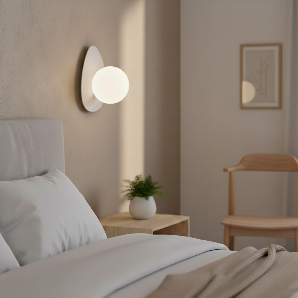 Mise en ambiance dans une chambre avec applique murale allumée au-dessus d'une table de chevet.