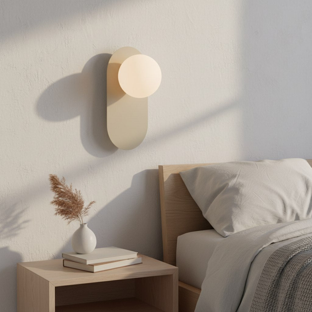 Mise en ambiance chambre, applique allumée au-dessus d'une table de chevet en bois