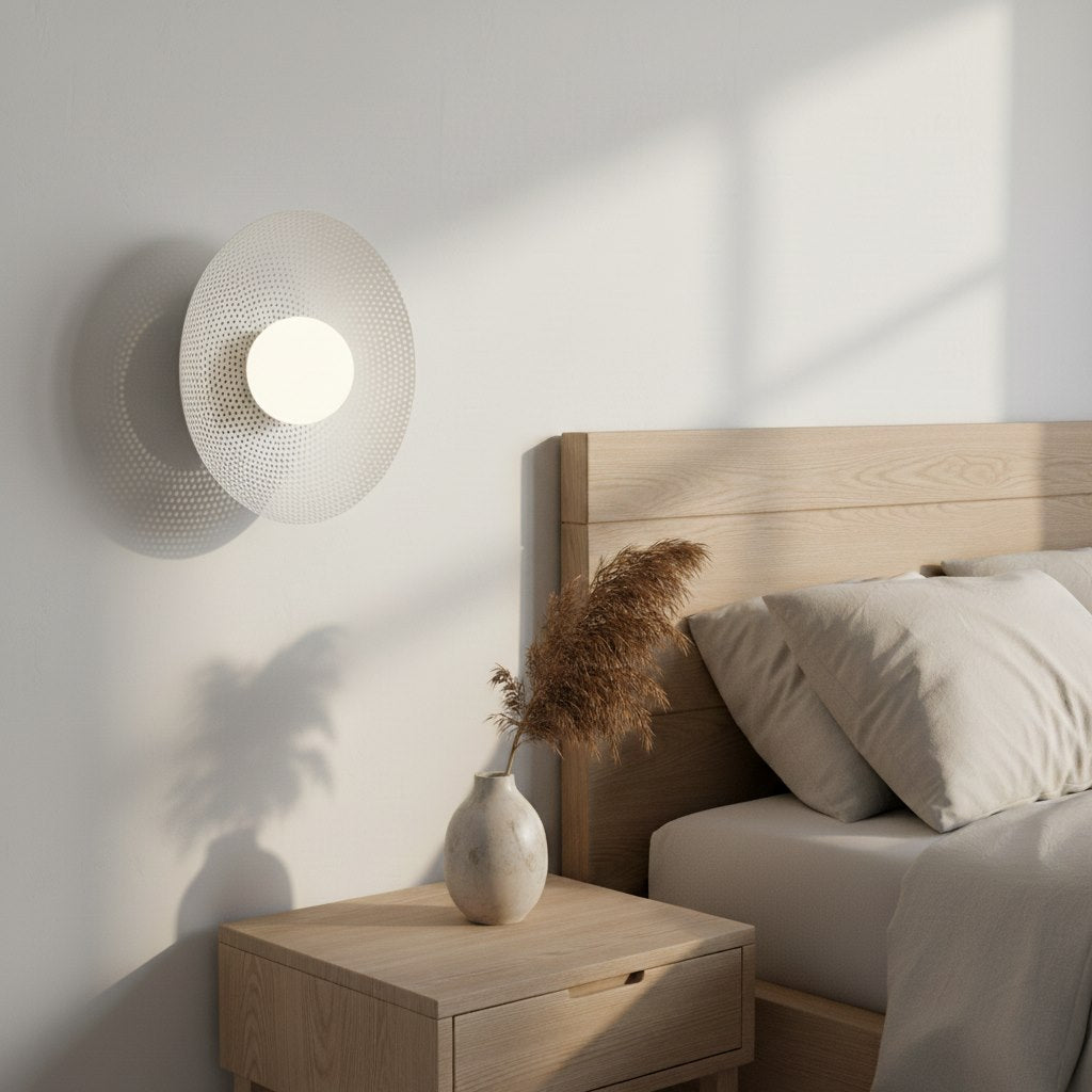 Mise en ambiance dans une chambre, applique allumée au-dessus d'une table de nuit