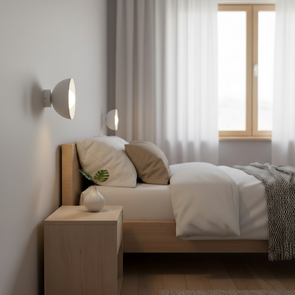 Mise en ambiance chambre : deux appliques allumées de part et d'autre du lit