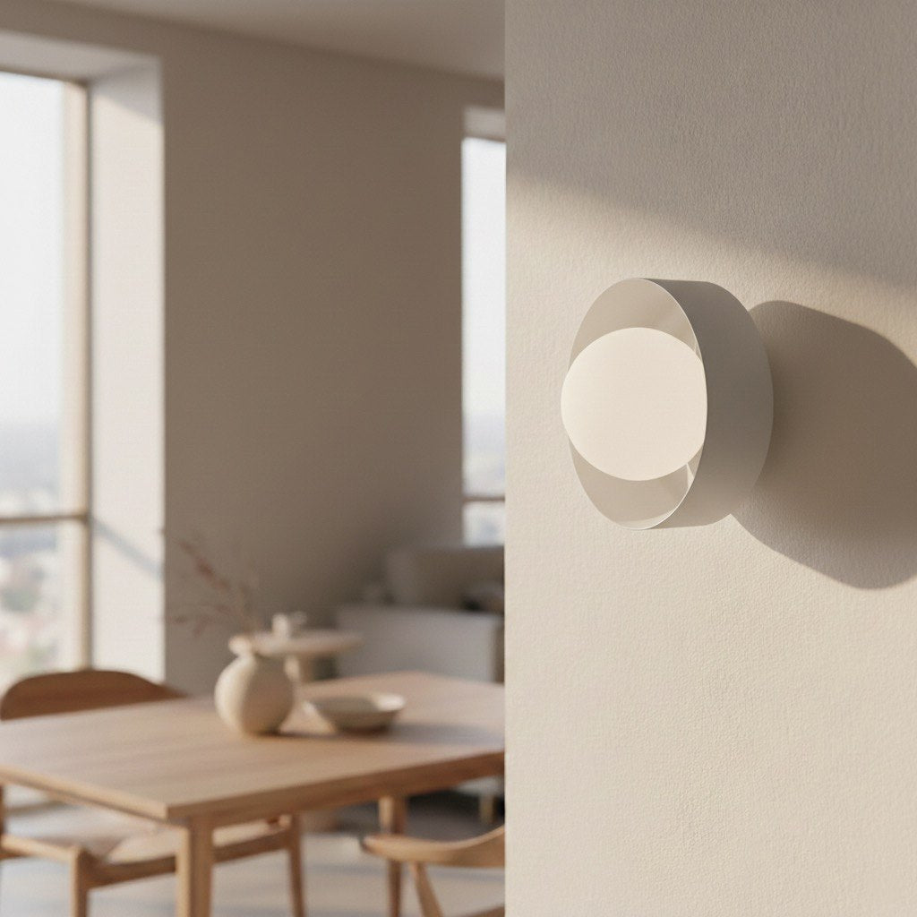 Mise en ambiance dans une salle à manger, applique allumée sur mur beige.