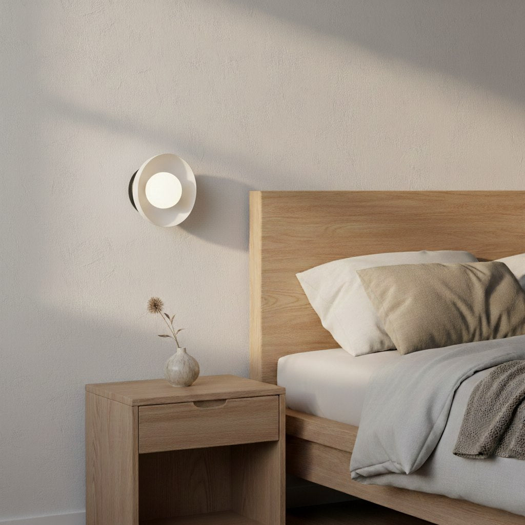Mise en ambiance dans une chambre, applique allumée au-dessus d'une table de nuit en bois