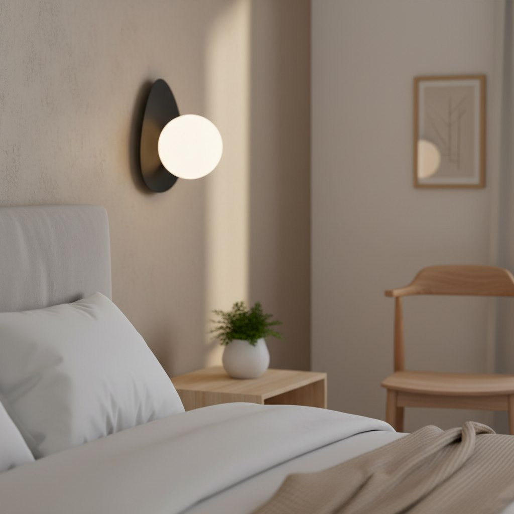 Mise en ambiance dans une chambre, applique allumée au-dessus d'une table de nuit en bois