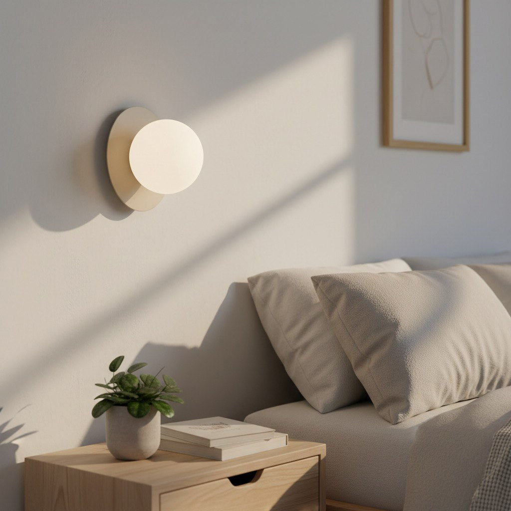 Scène de chambre avec applique éclairée près d'un canapé et d'une plante