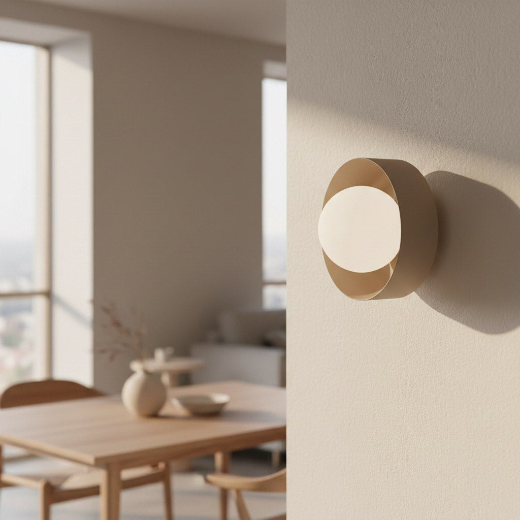 Mise en ambiance salle à manger, applique allumée diffusant une lumière douce