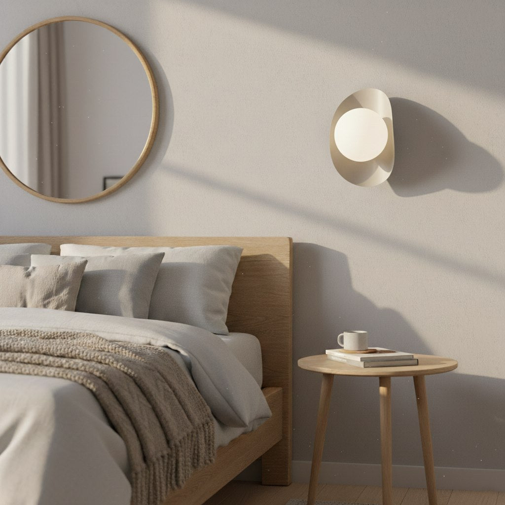 Mise en ambiance dans une chambre, applique allumée près d'une table de chevet