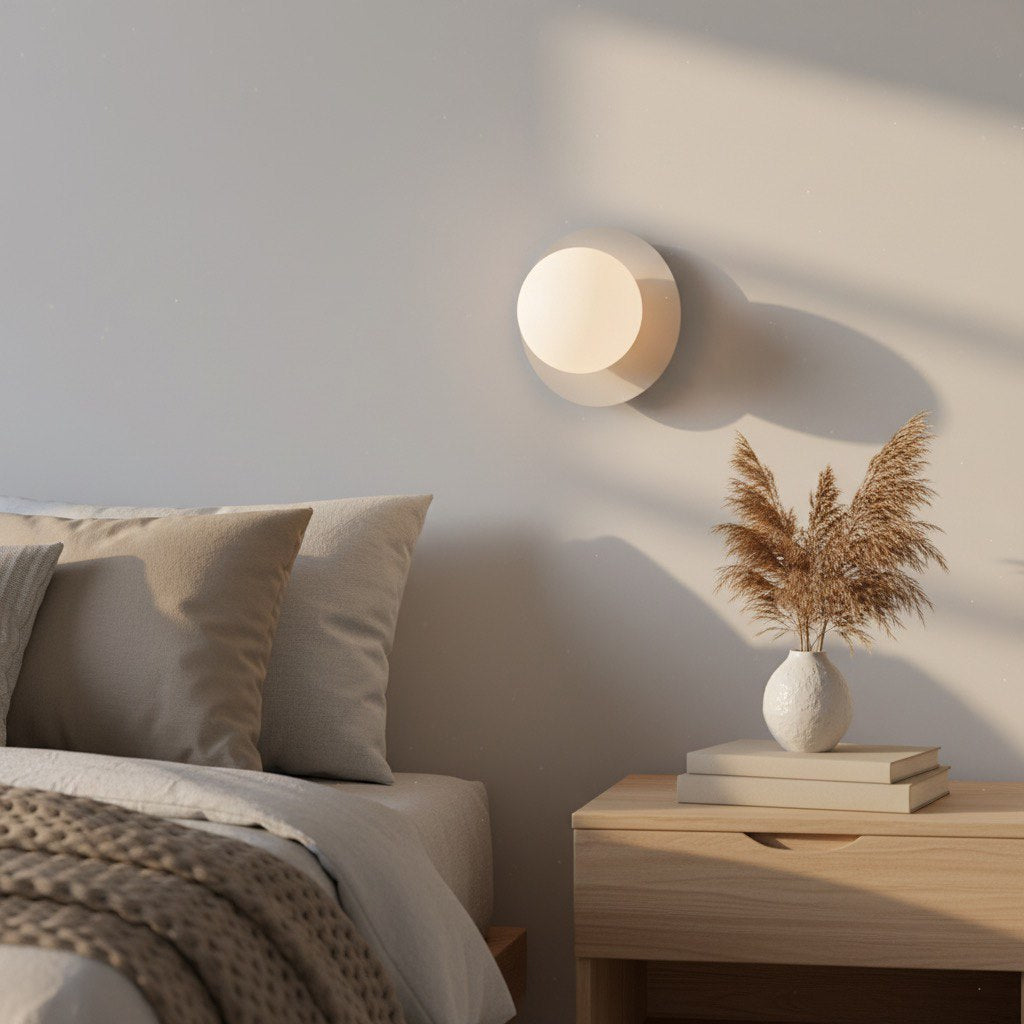 Mise en ambiance au-dessus d'une table de nuit, lumière chaude, ombres portées sur le mur