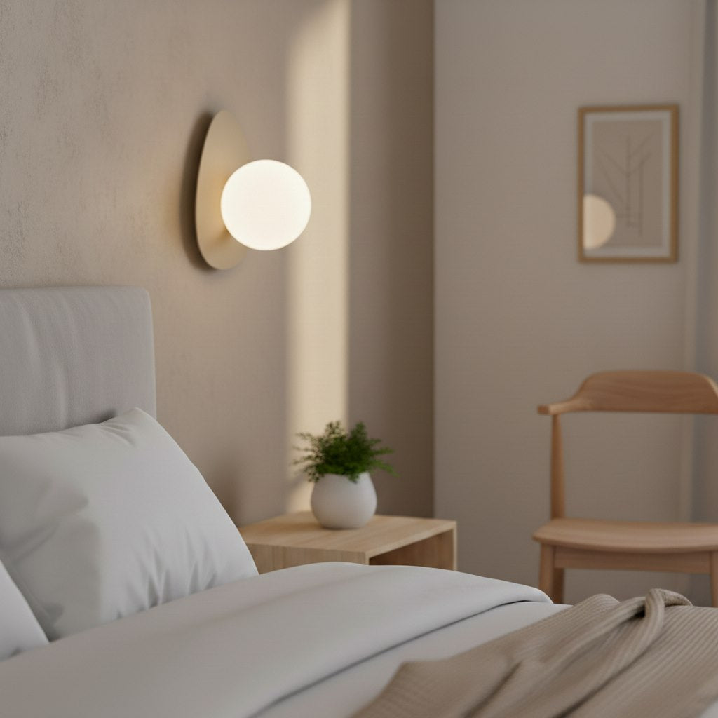 Mise en ambiance dans une chambre, applique allumée au-dessus de la table de nuit