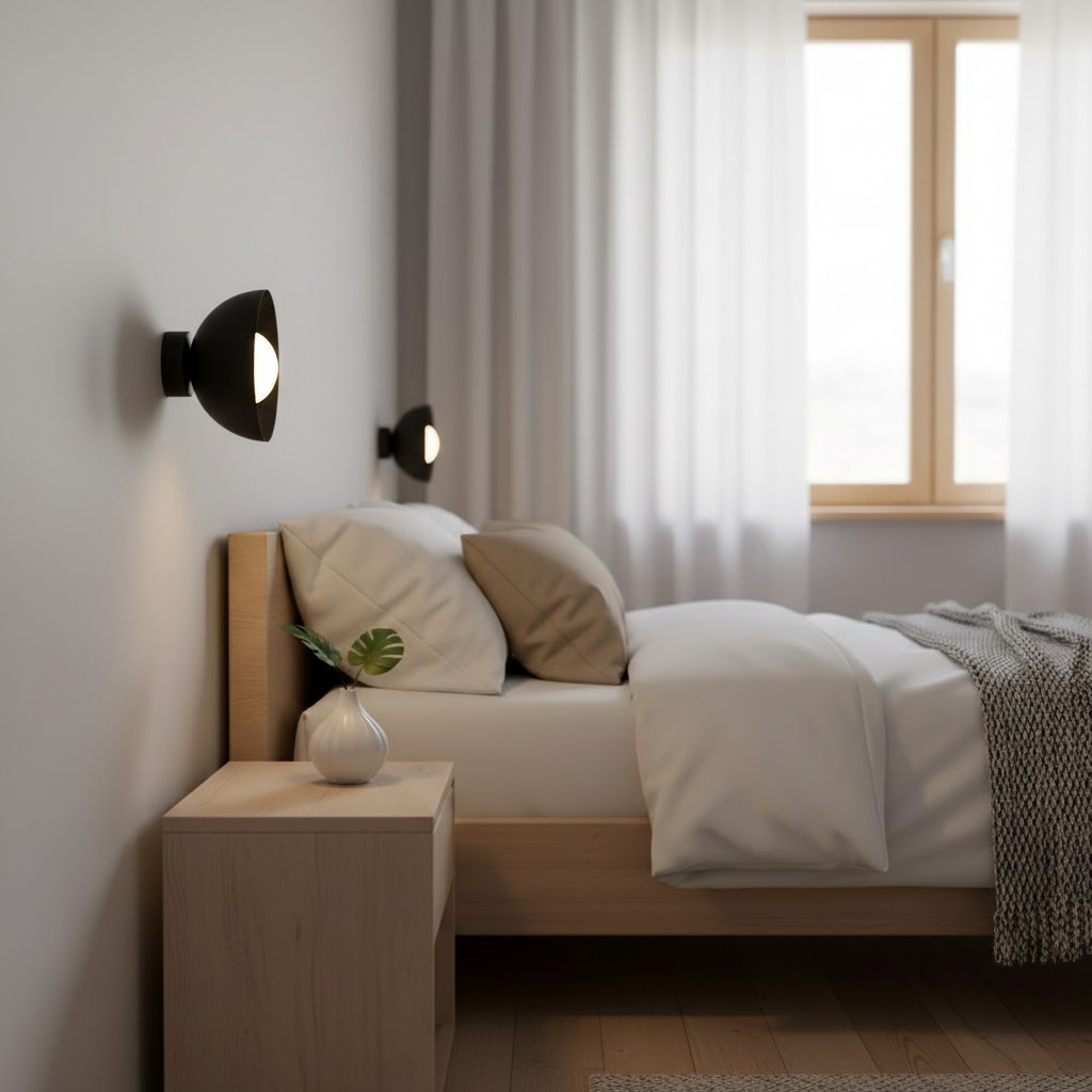 Mise en ambiance dans une chambre, deux appliques murales allumées au-dessus du lit