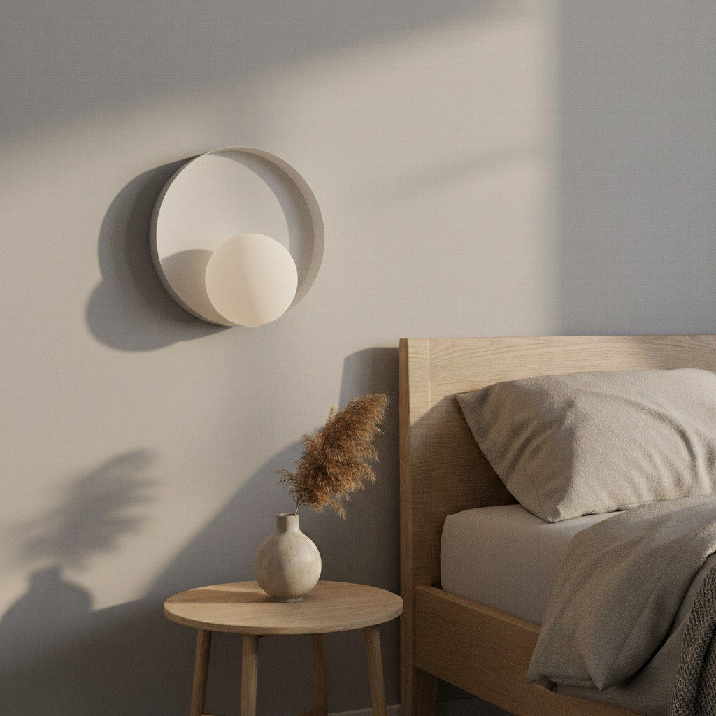 Mise en ambiance dans une chambre, applique allumée au-dessus d'une table de nuit
