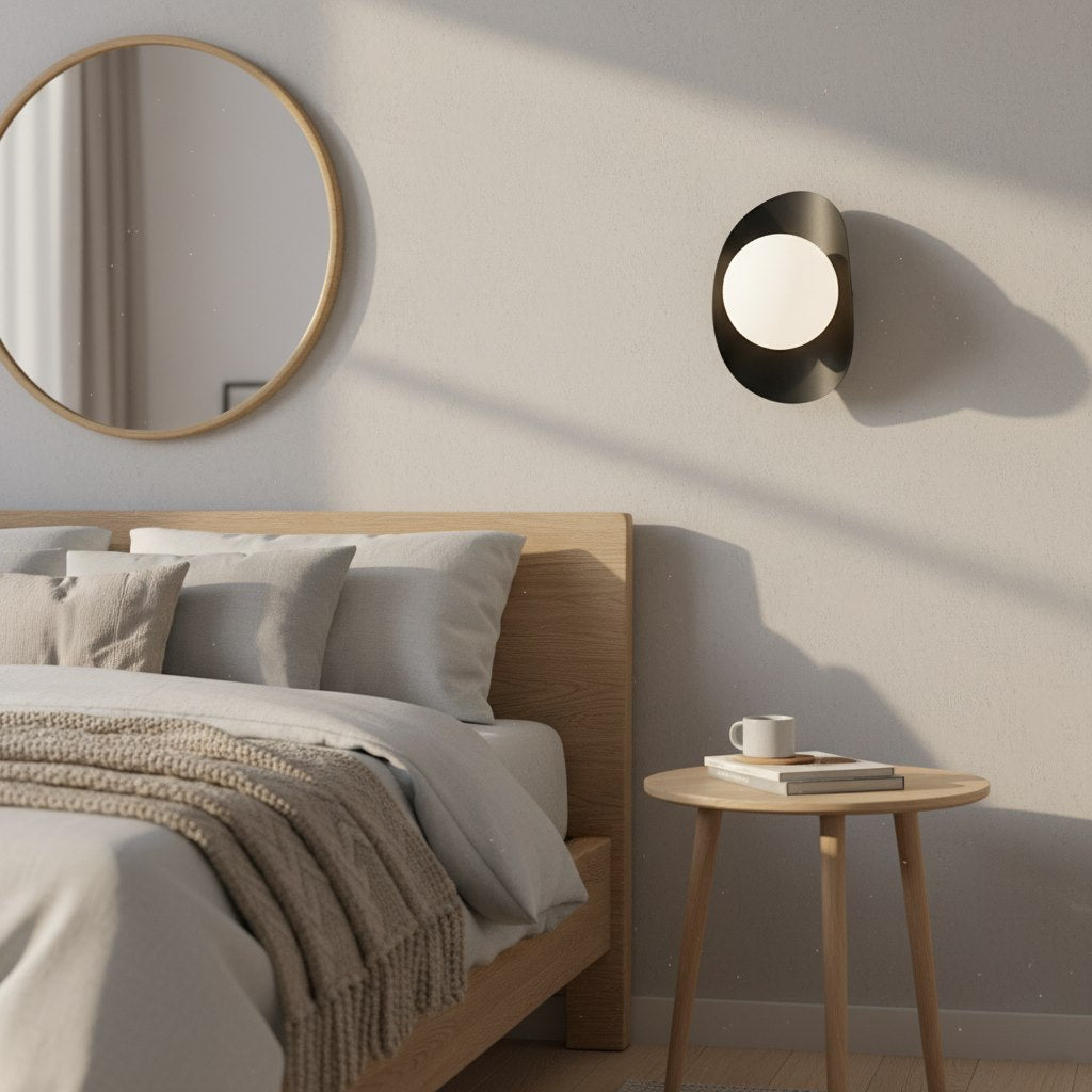 Mise en ambiance dans une chambre, applique allumée au-dessus d'une table de chevet