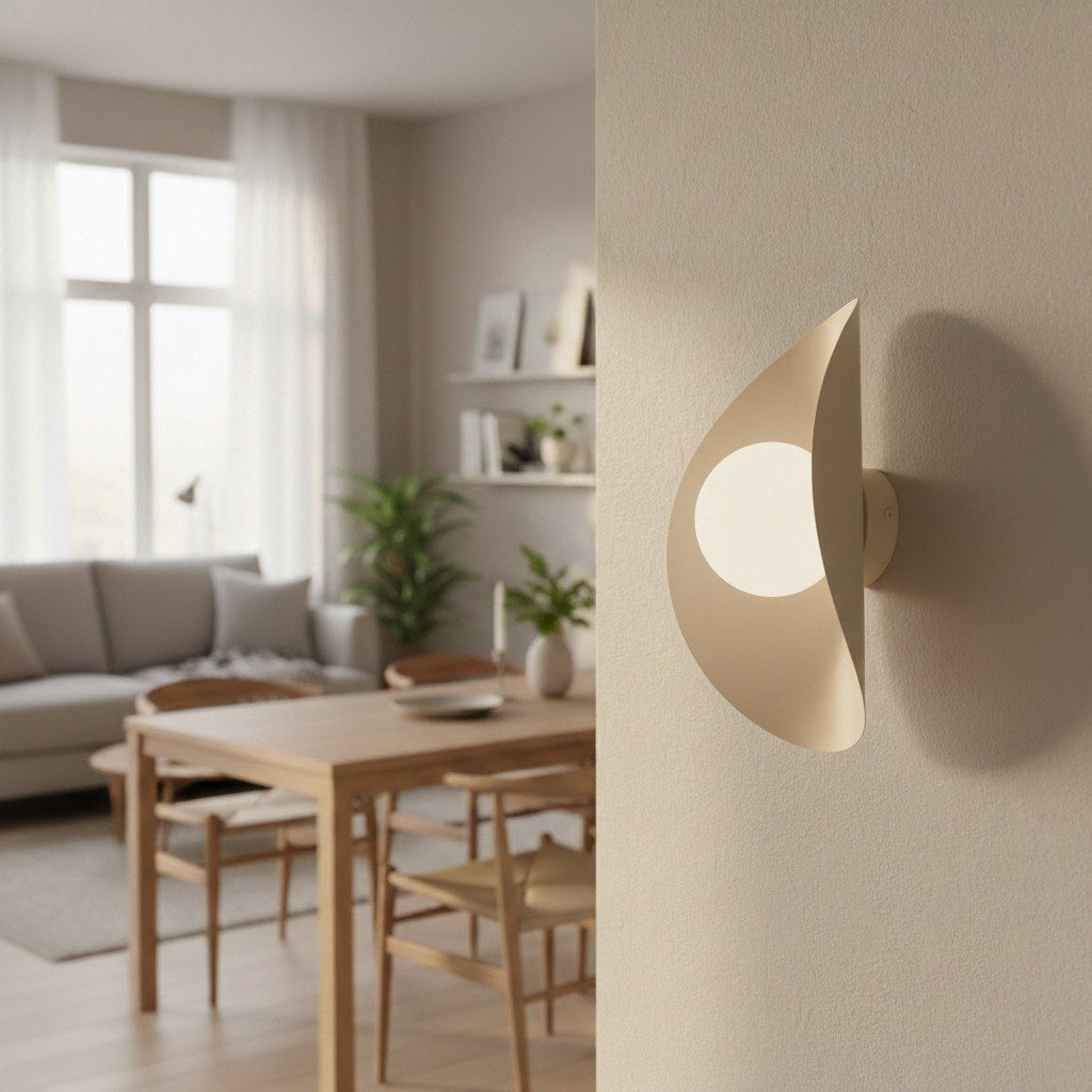 Mise en ambiance dans une salle à manger beige, applique allumée sur le mur