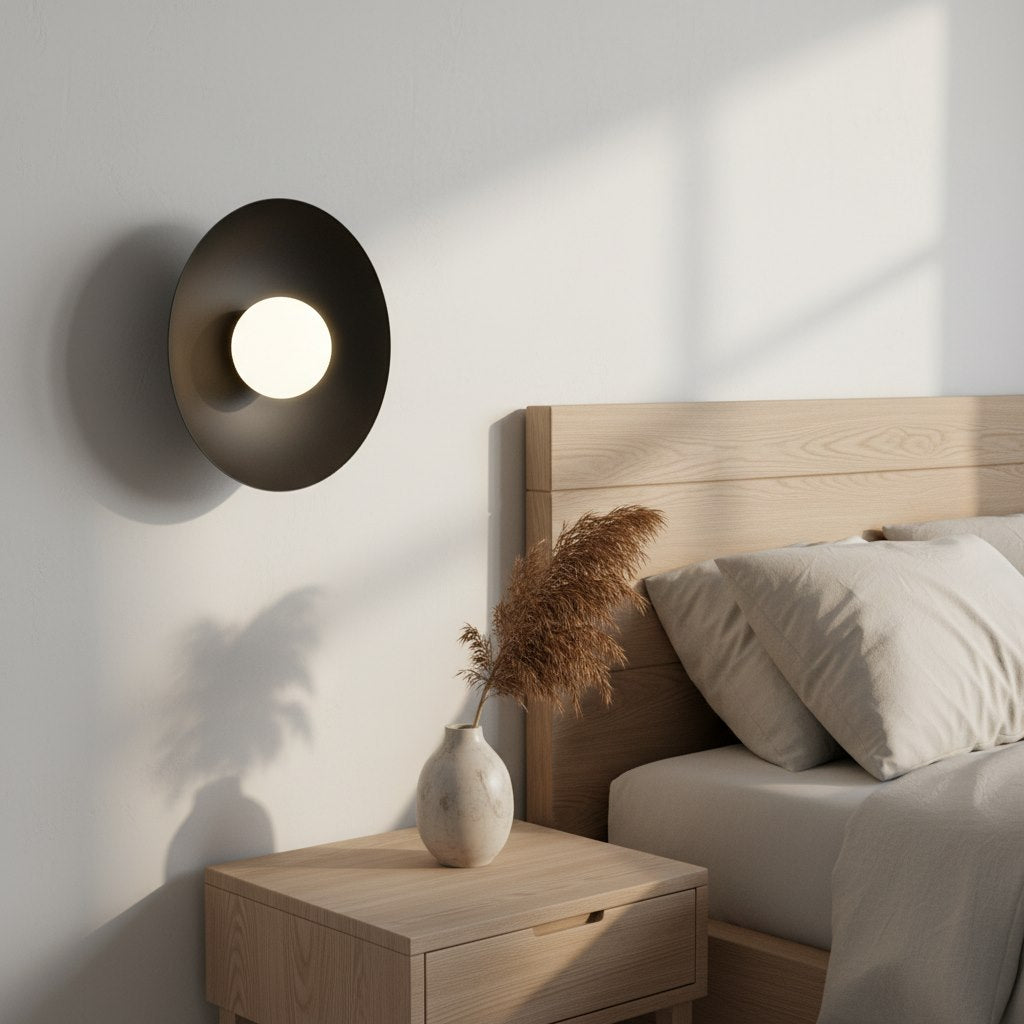 Mise en ambiance dans une chambre avec applique murale allumée près du lit.