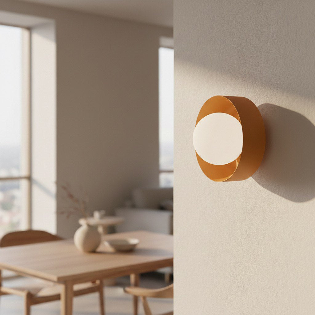 Mise en ambiance dans une salle à manger, applique allumée sur mur beige