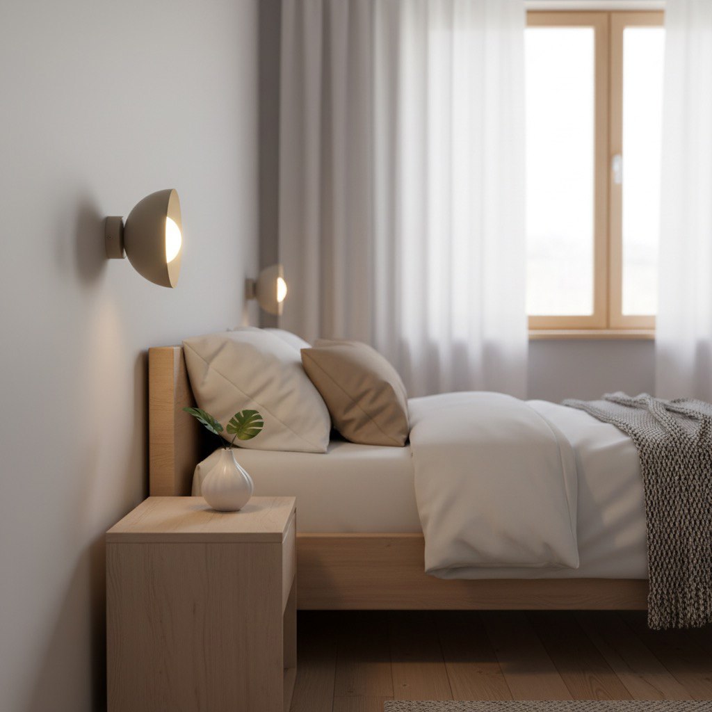 Ambiance chambre, deux appliques murales éclairant de part et d'autre du lit
