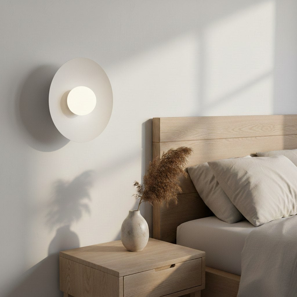 Mise en ambiance dans une chambre en bois clair avec chevet et vase