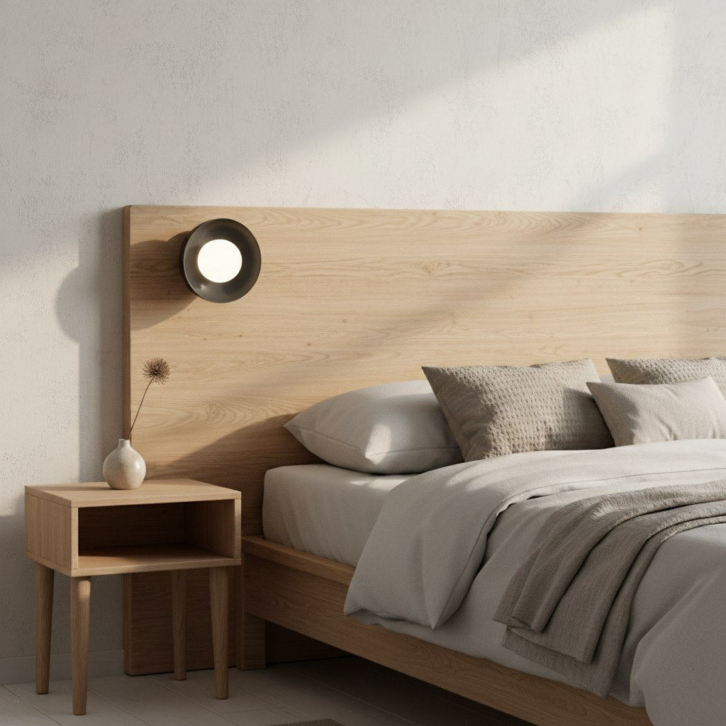 Ambiance chambre : luminaire monté sur une tête de lit en bois clair