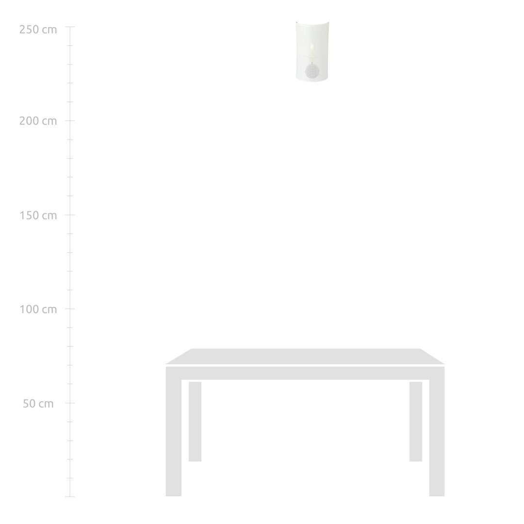 Mise en situation de l'applique murale fixée au-dessus d'une table, avec repères de hauteur.