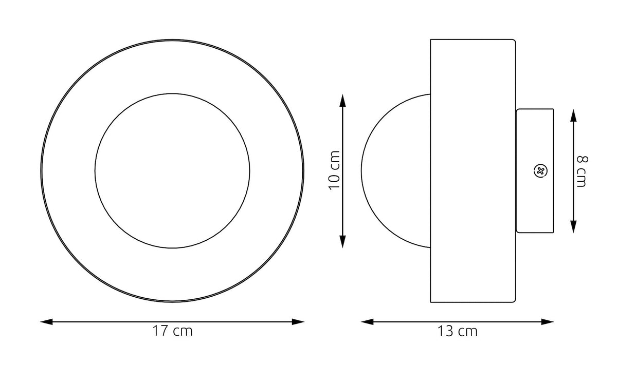 Schéma coté : 17 cm de large, 13 cm de profondeur, socle de 8 cm