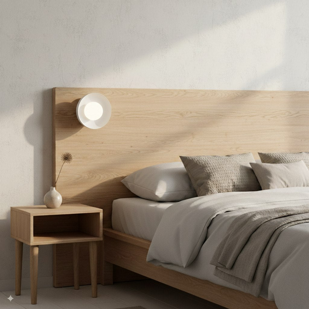 Applique fixée en tête de lit en bois clair, ambiance chaleureuse et reposante