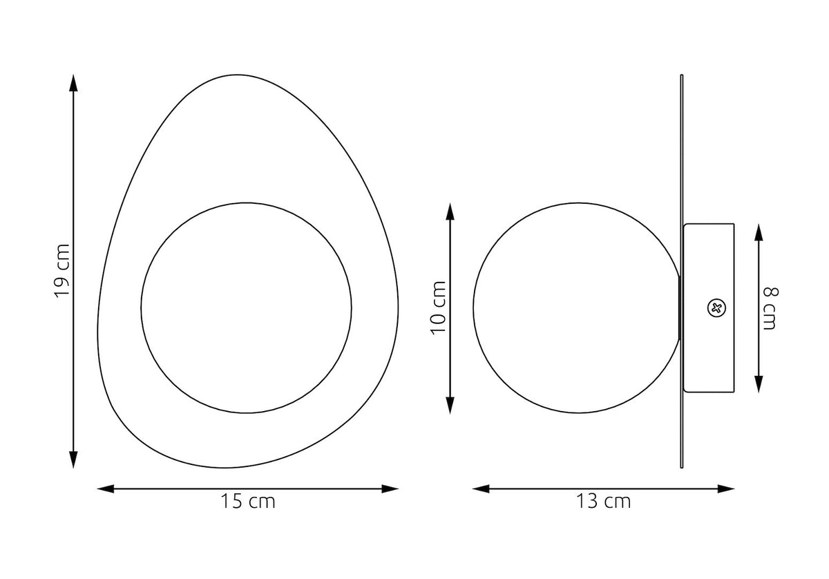 Schéma de dimensions du luminaire mural indiquant hauteur, largeur et profondeur cotées.