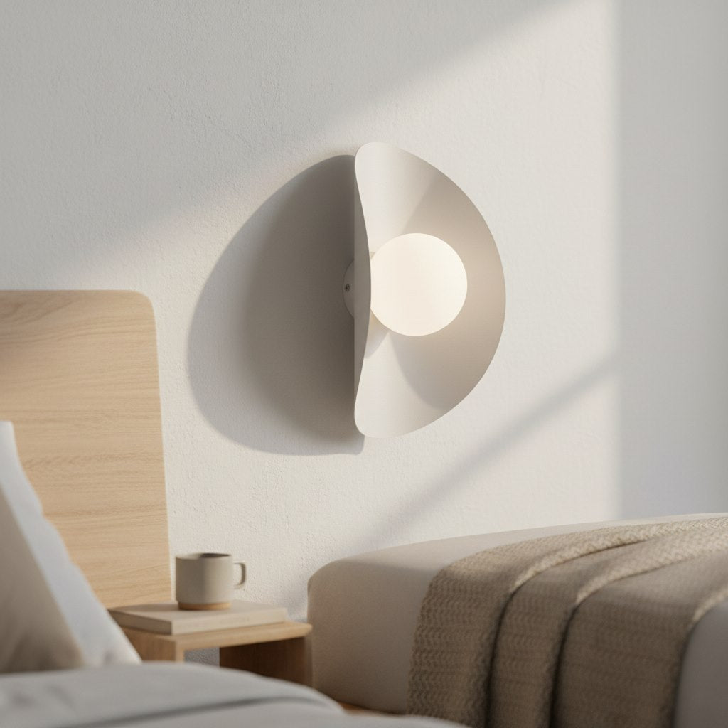 Ambiance chambre avec applique murale allumée au-dessus d'une table de chevet en bois.