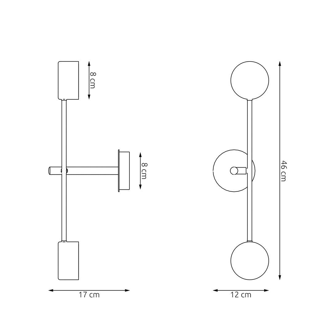 Schéma coté montrant les dimensions : hauteur 46 cm, largeur 17 cm, diffuseurs de 8 cm.
