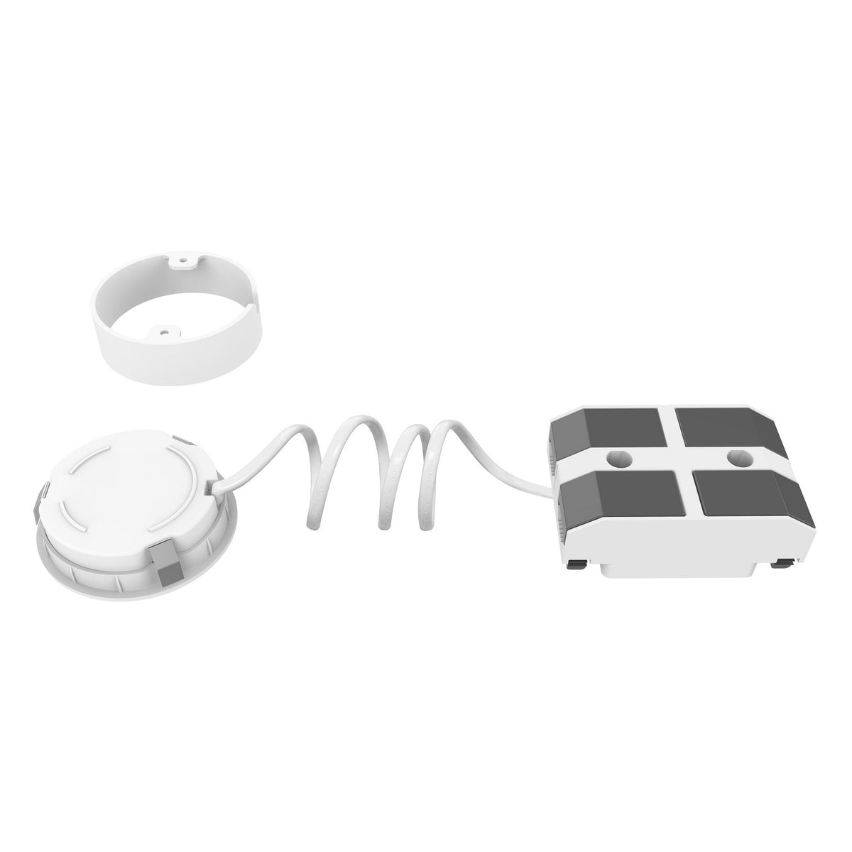 Vue éclatée du kit : spot, câble spiralé et boîtier d'alimentation