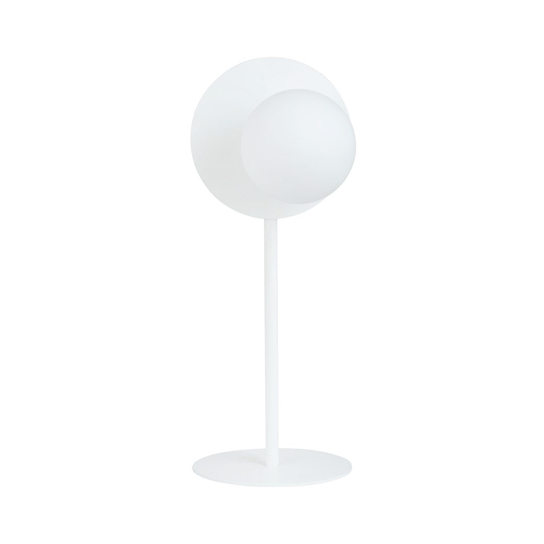 Même lampe de table éteinte, photographiée de face sur fond entièrement blanc.