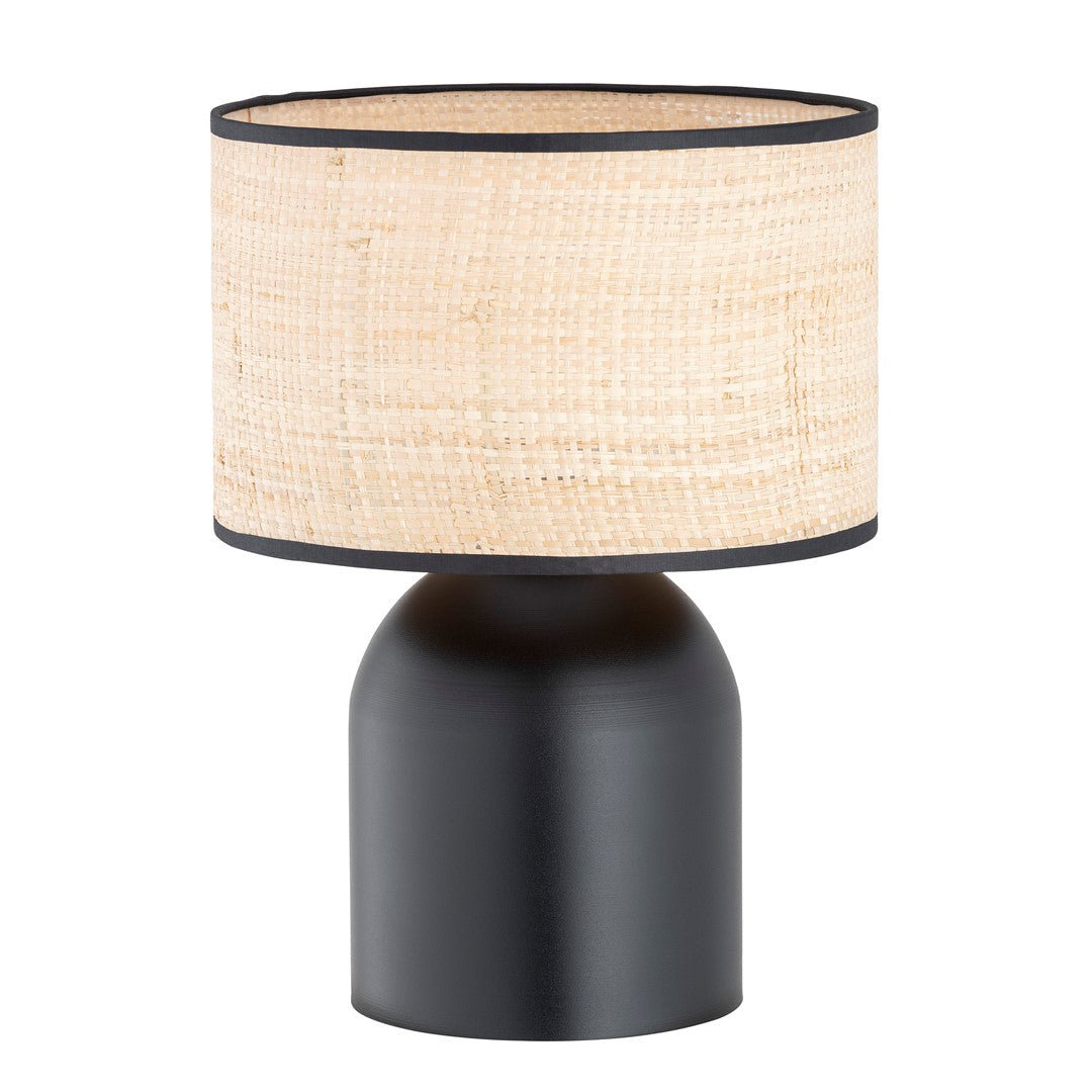 Vue de trois quarts du luminaire, abat-jour rond bordé de noir et socle cylindrique noir mat