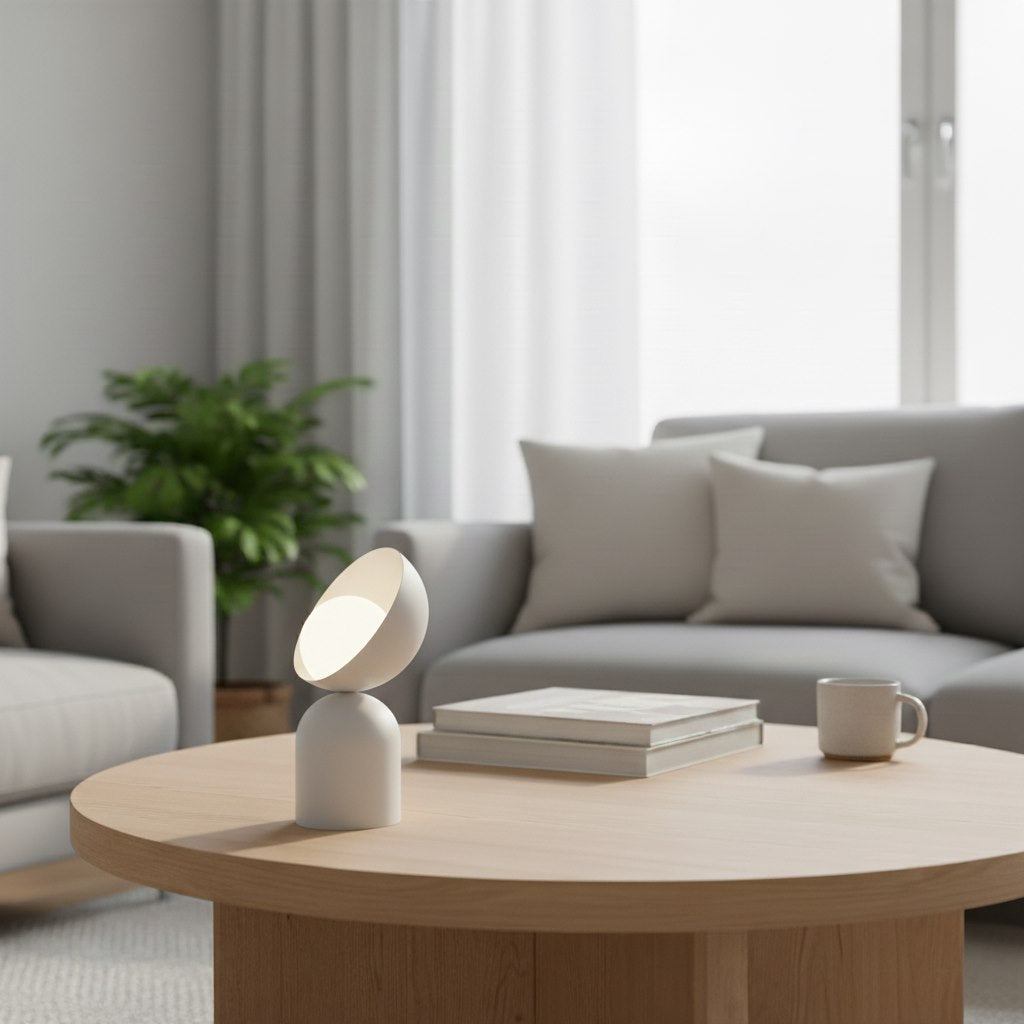 Mise en ambiance sur table basse en bois devant un canapé gris et une plante