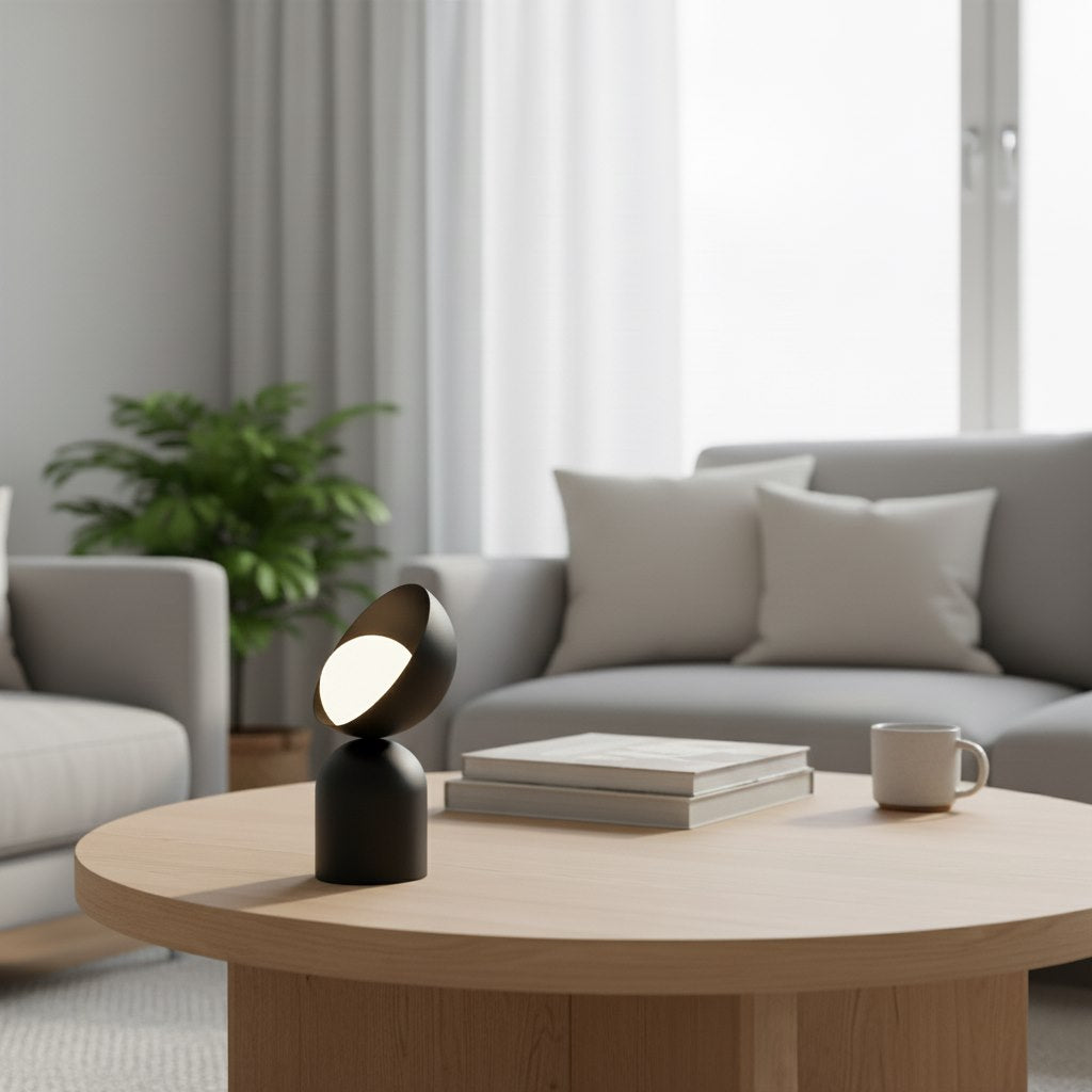 Mise en ambiance, lampe allumée posée sur table basse en bois dans un salon clair