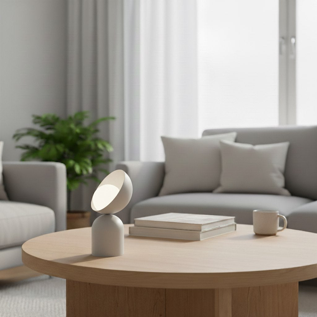 Lampe posée sur une table basse en bois dans un salon clair