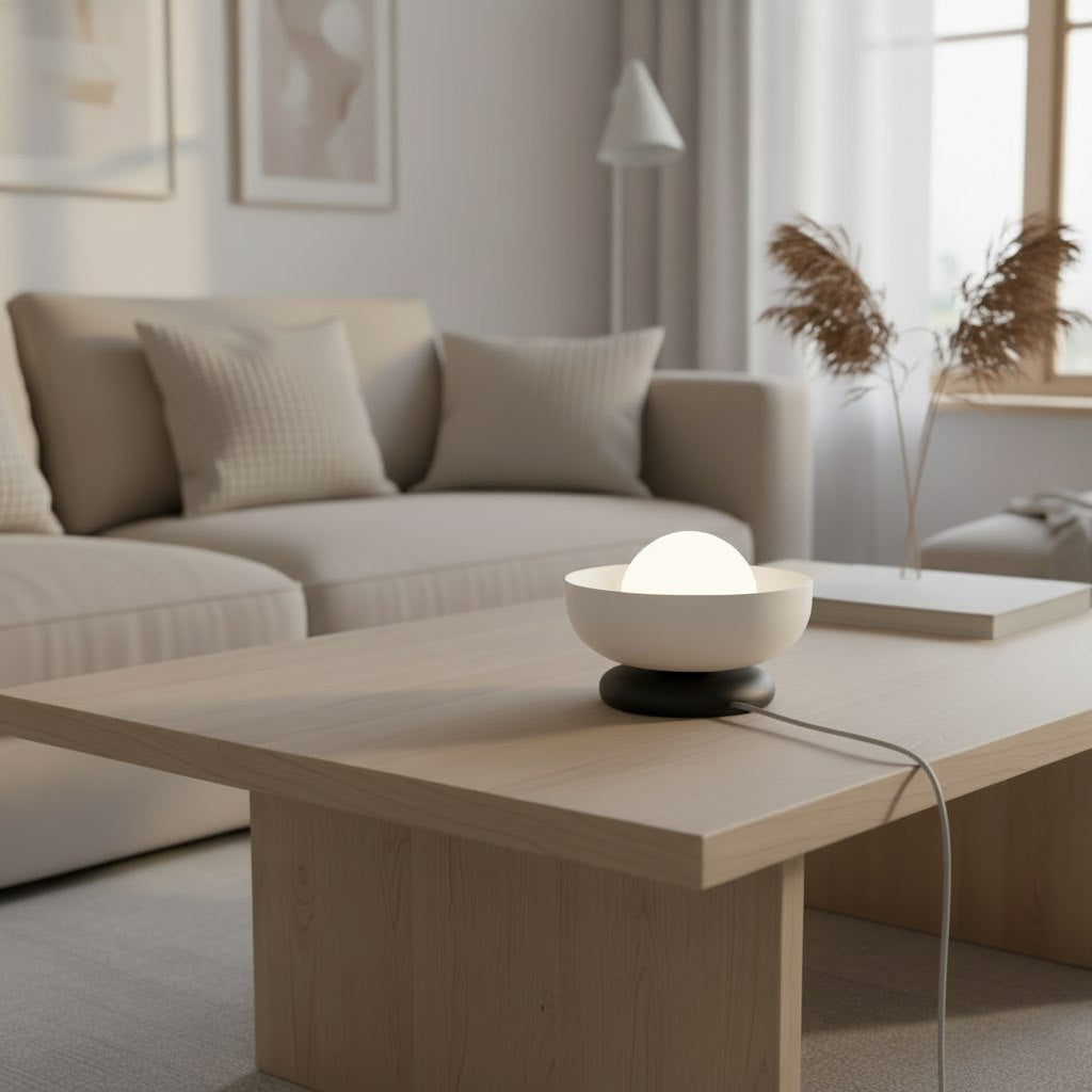 Mise en ambiance de la lampe posée sur une table basse en bois clair
