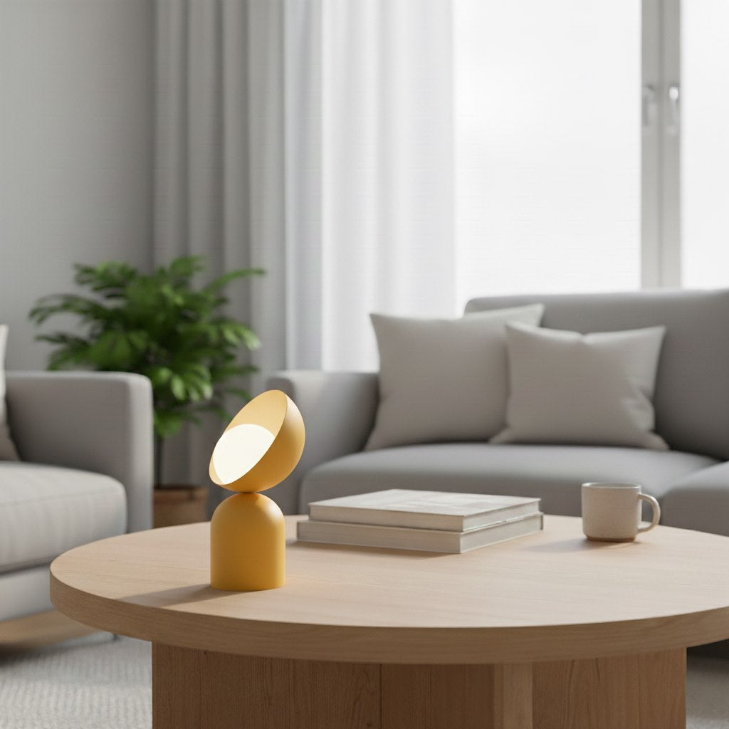 Mise en ambiance sur une table basse en bois dans un salon gris clair