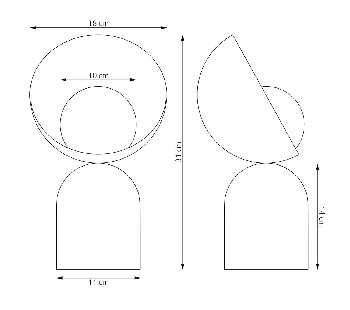 Schéma technique côté avec mesures de hauteur et de largeur du luminaire
