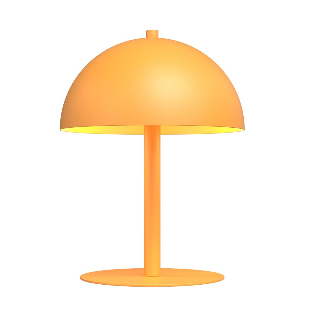 Profil de la lampe montrant le dessous éclairé de l'abat-jour demi-sphère