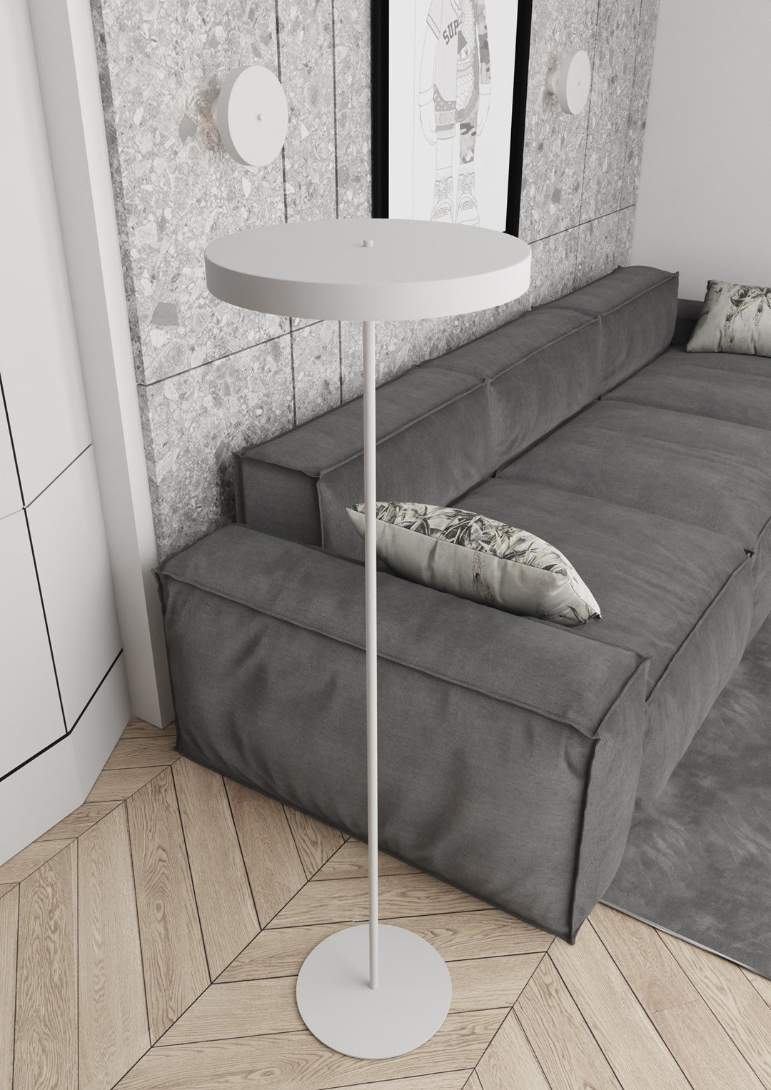 Lampe blanche près d'un canapé gris dans un séjour contemporain