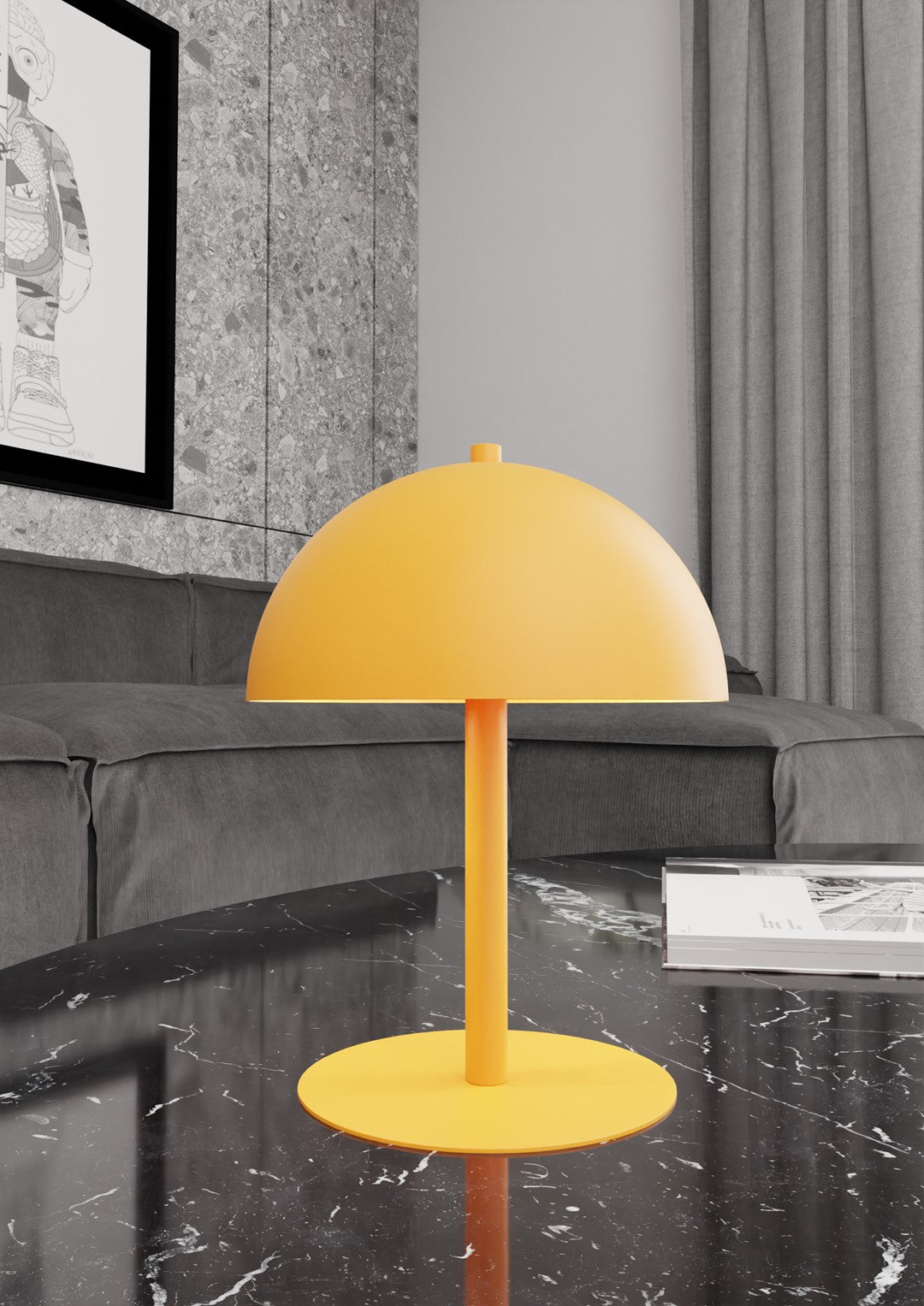 Lampe orange posée sur une table en marbre noir dans un salon gris