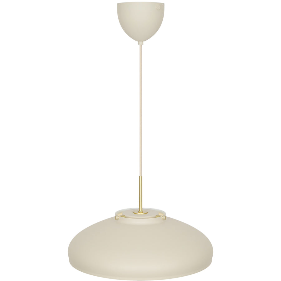 Suspension beige présentée en entier, abat-jour métallique et tige dorée fine.