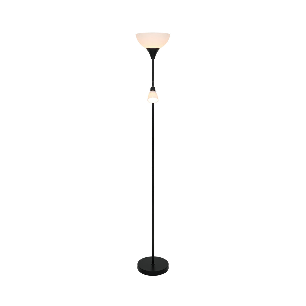 Lampadaire noir dressé, diffuseur en verre opalin et petite liseuse centrale