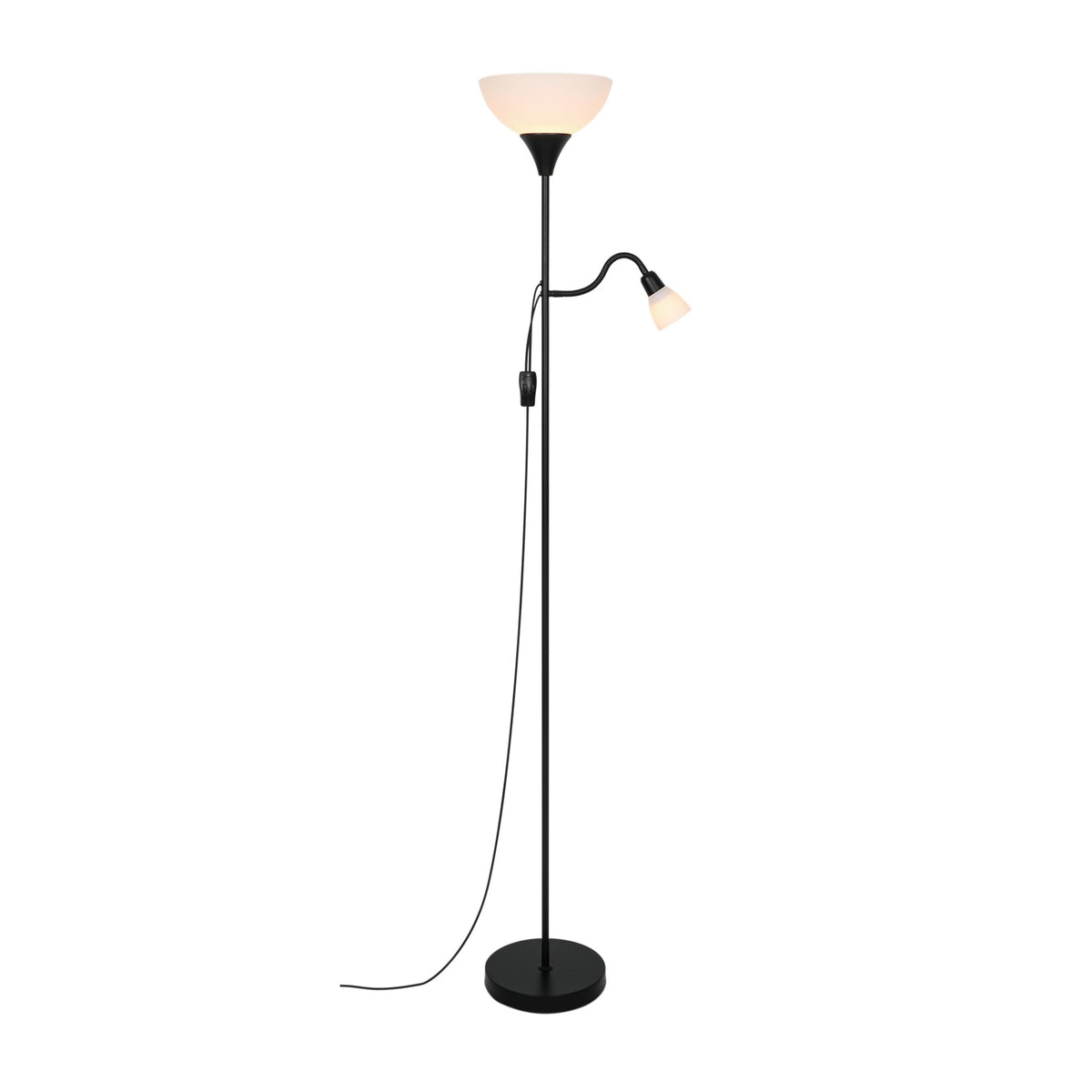 Vue de trois quarts du lampadaire, liseuse flexible et grand bol en verre