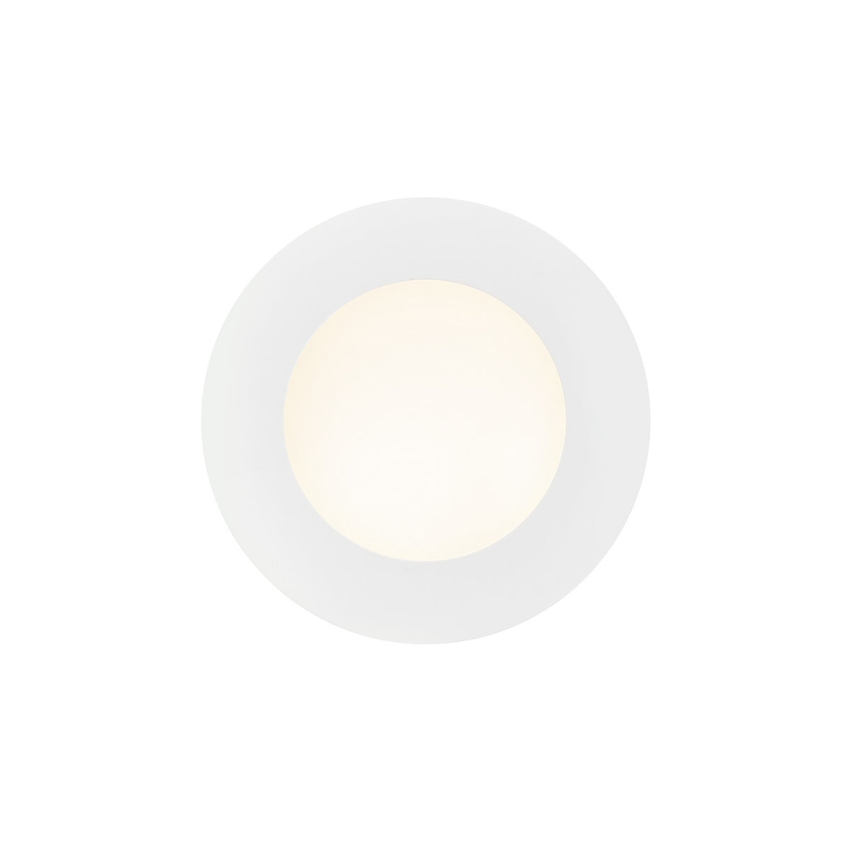 Spot LED encastrable blanc rond de face, lumière allumée sur fond blanc