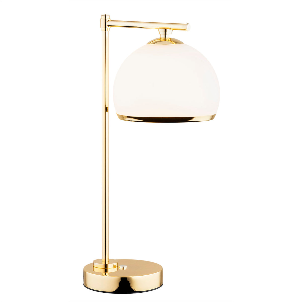 Lampe de chevet dorée, abat-jour blanc en dôme et bras articulé sur fond blanc.