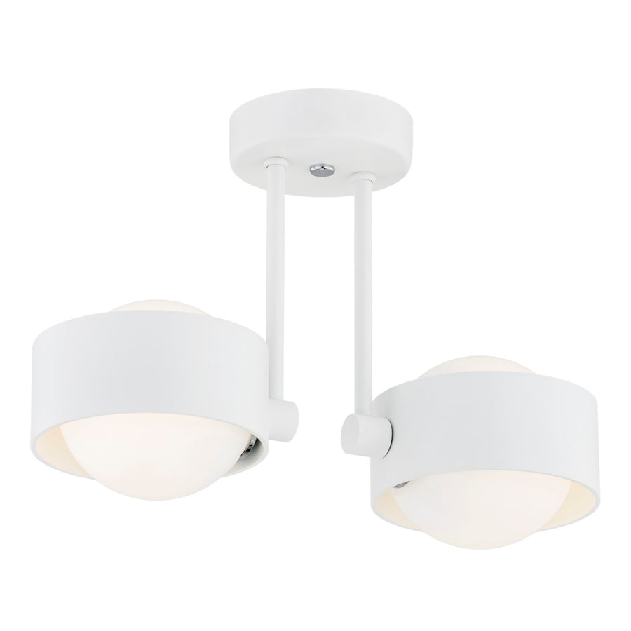 Suspension blanche à deux lumières, tiges et abat-jours cylindriques vue de face