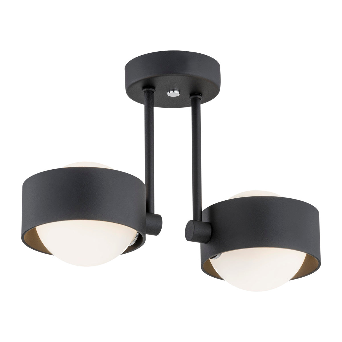 Version noire du luminaire, deux têtes orientables et diffuseurs opalins blancs