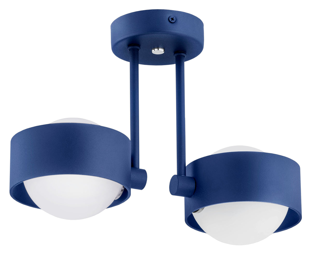 Finitions bleu marine, structure métallique et diffuseurs sphériques en verre opalin