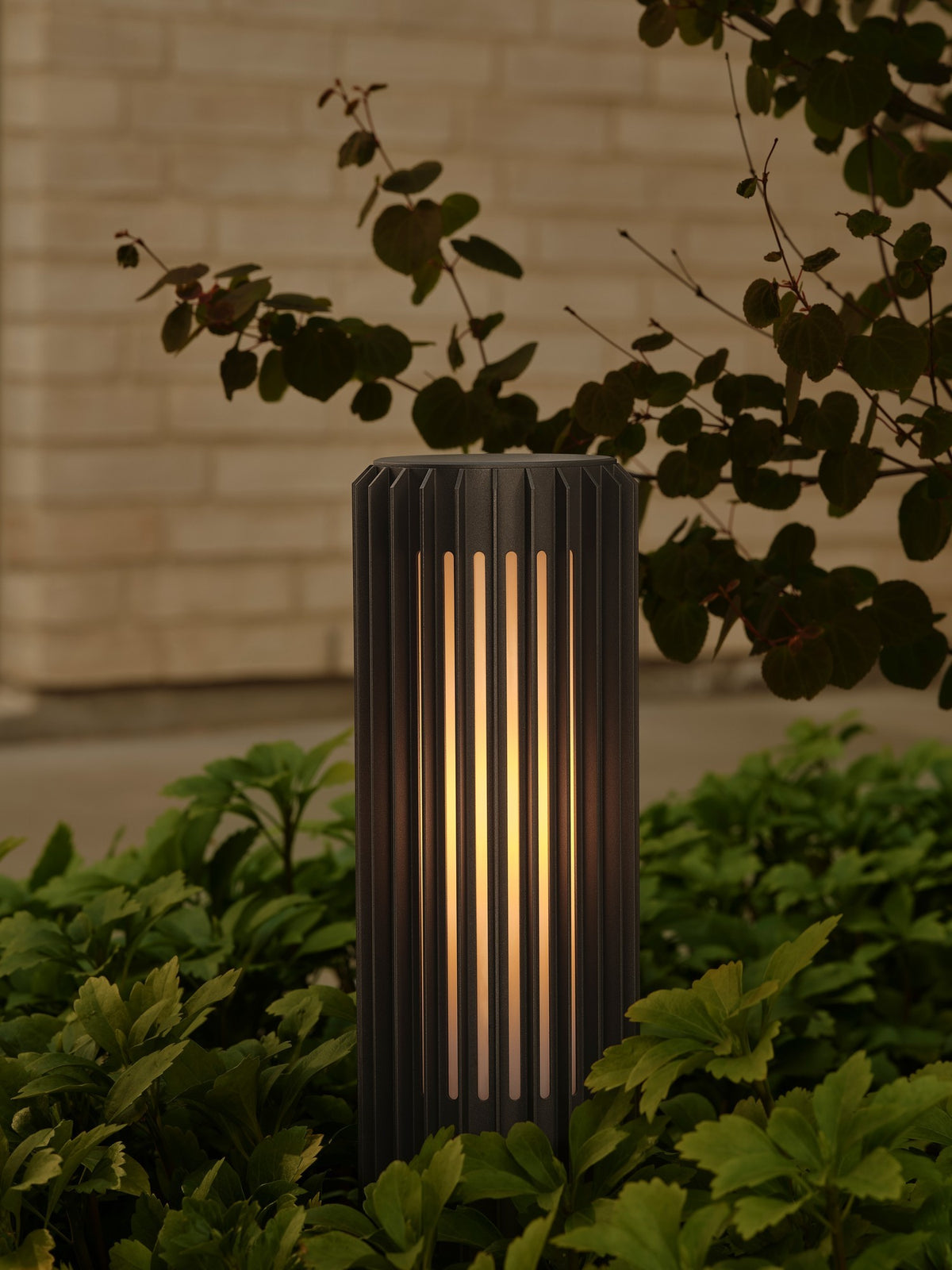 Borne lumineuse dans des plantes, devant mur de briques, ambiance extérieure chaleureuse au crépuscule.