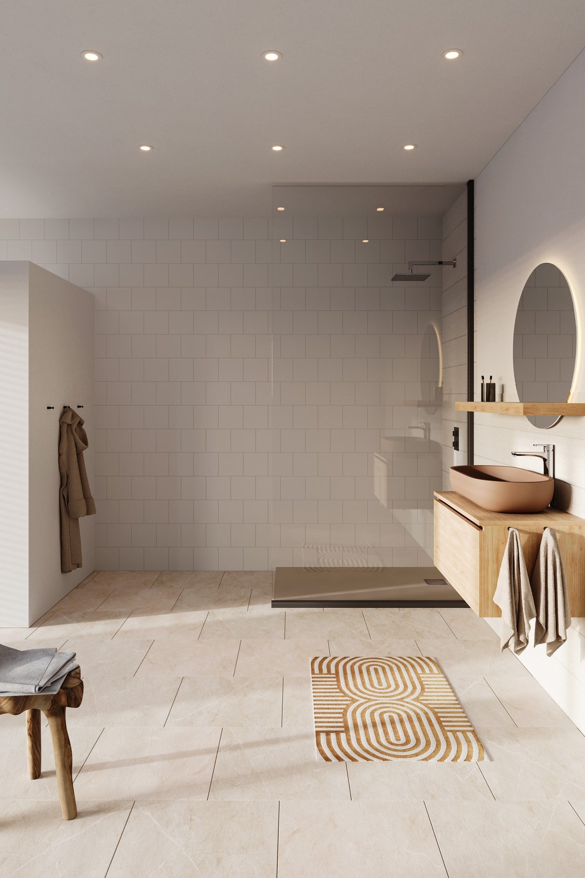 Salle de bain moderne éclairée par plusieurs spots encastrés au plafond